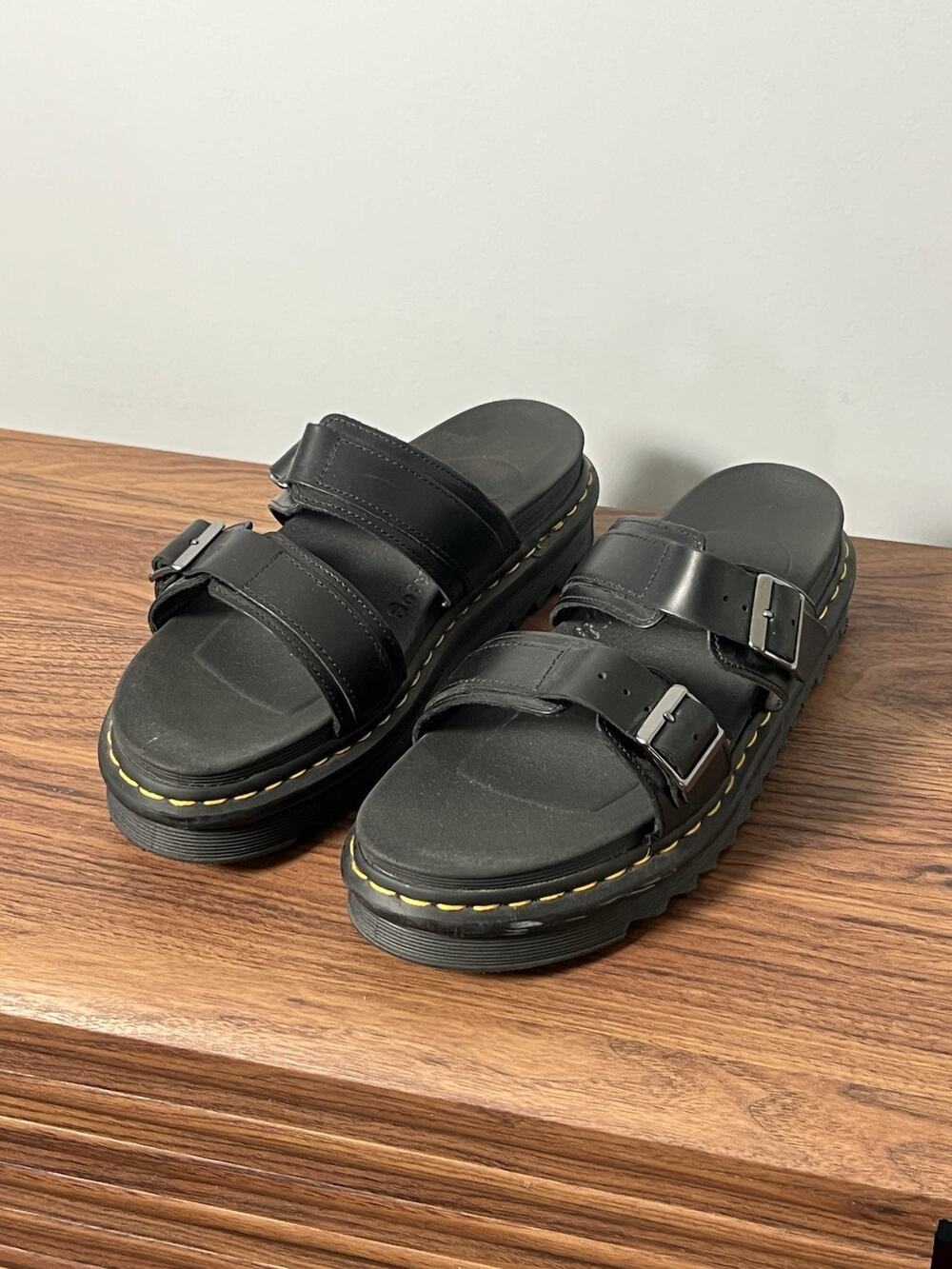 Dr Martens Myles Black Leather Platform Sandals Womens 11 Mens 10 Buckle Slides